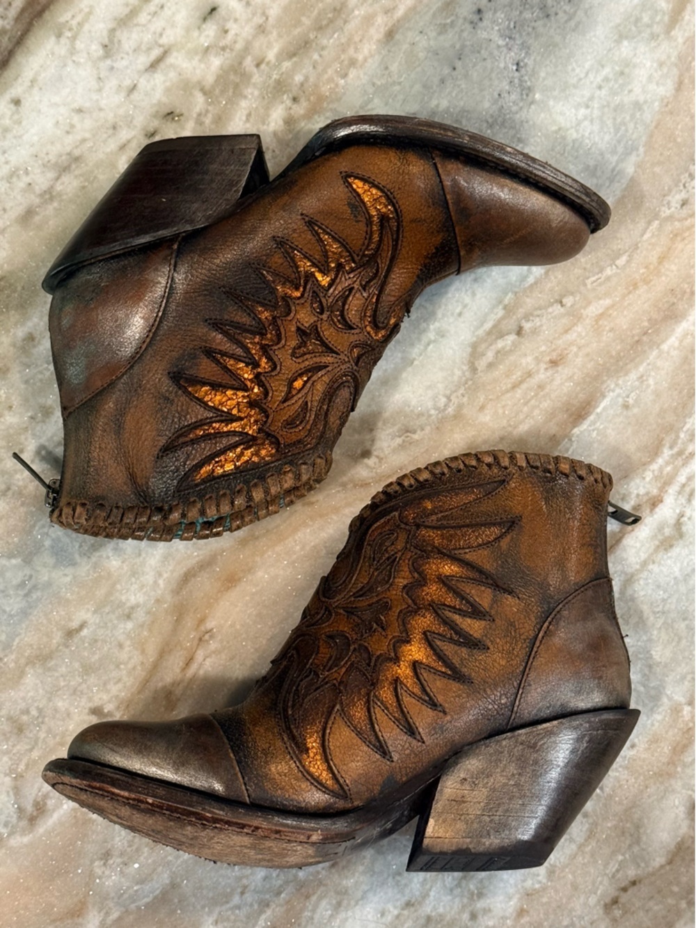 Women’s CORRAL brown leather glitter distressed ankle western boots- Size 6 - Picture 6 of 10